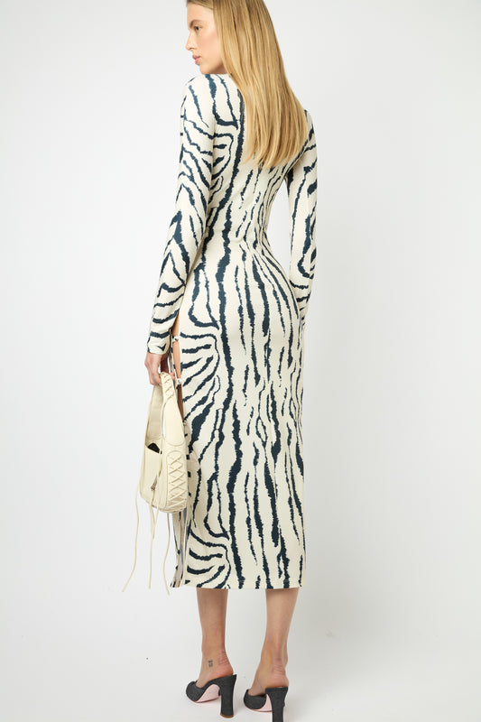 TWIGGY LONG DRESS in blue and white zebra print