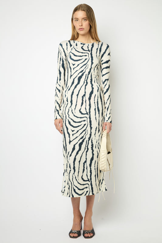 TWIGGY LONG DRESS in blue and white zebra print