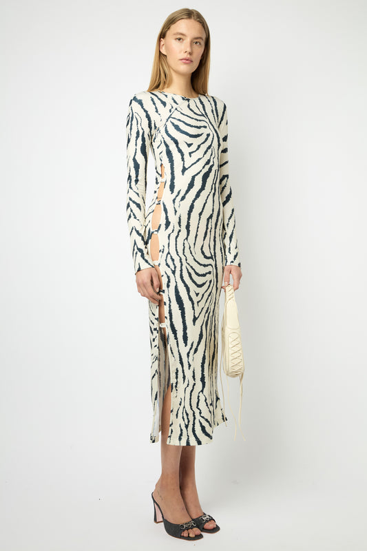 TWIGGY LONG DRESS in blue and white zebra print