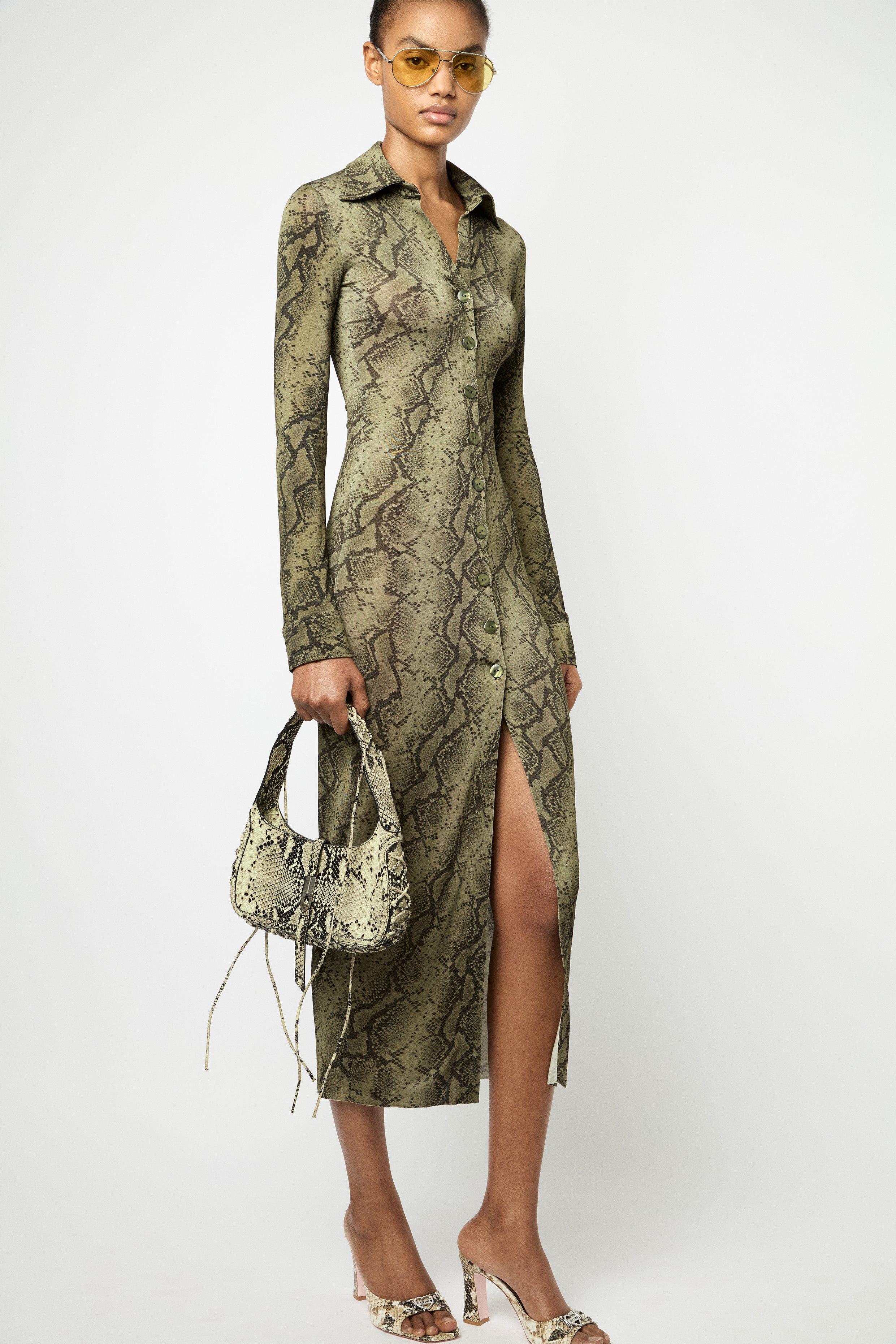TRUE ROMANCE LONG DRESS in green python print Marcia Wear
