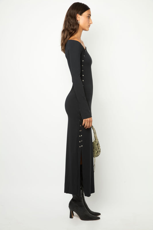 ASYMMETRICAL WRAP LONG DRESS in black
