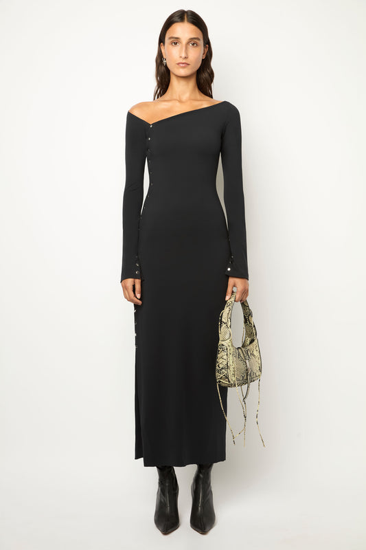 ASYMMETRICAL WRAP LONG DRESS in black