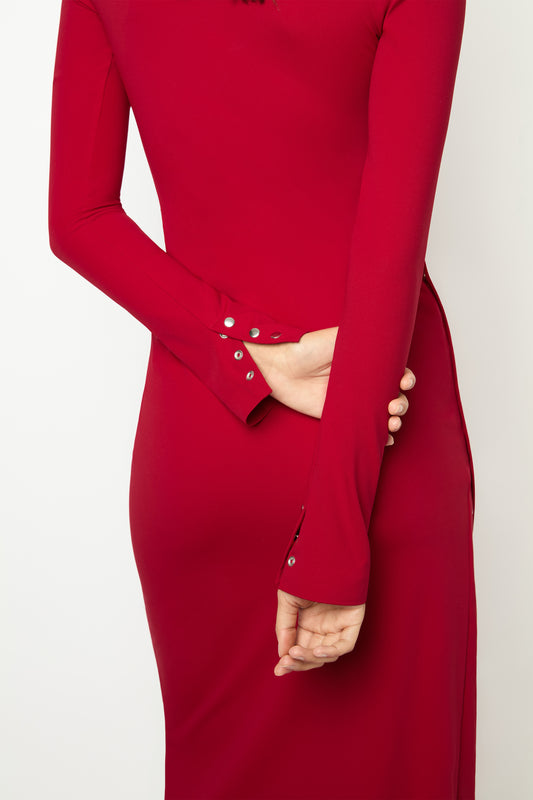 ASYMMETRICAL WRAP LONG DRESS in cherry red