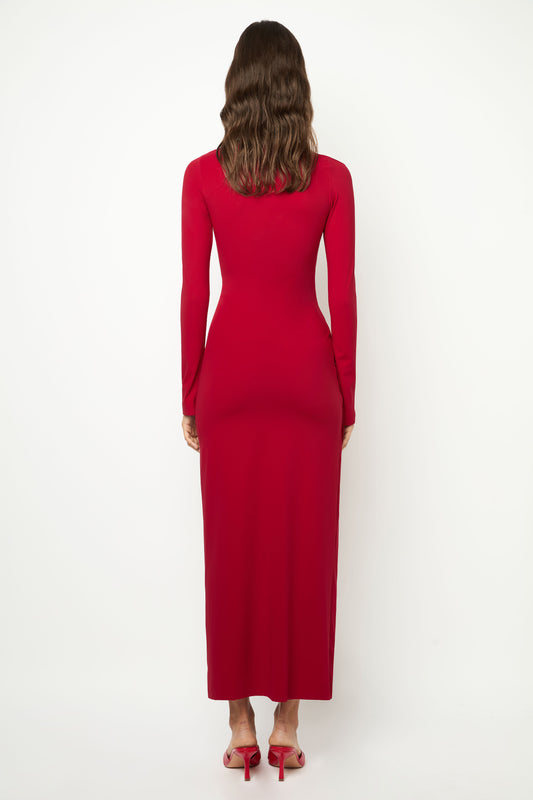 ASYMMETRICAL WRAP LONG DRESS in cherry red