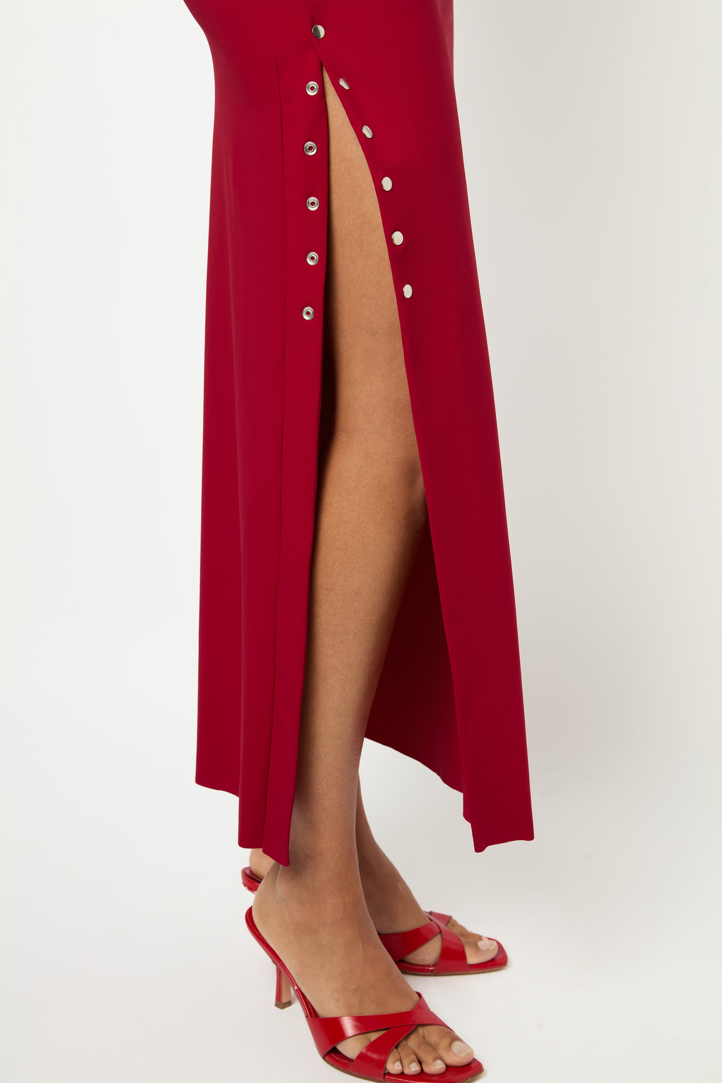 ASYMMETRICAL WRAP LONG DRESS in cherry red – Marcia Wear
