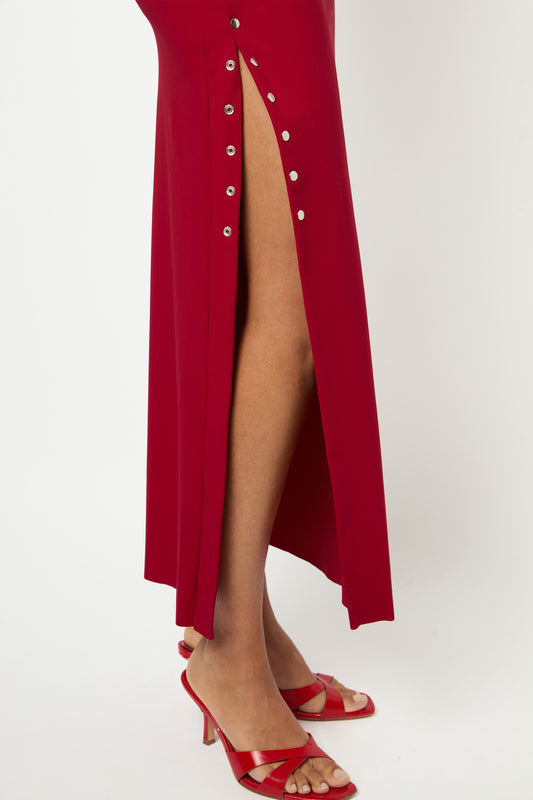ASYMMETRICAL WRAP LONG DRESS in cherry red