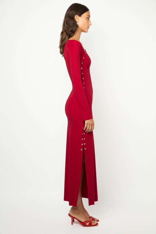 ASYMMETRICAL WRAP LONG DRESS in cherry red