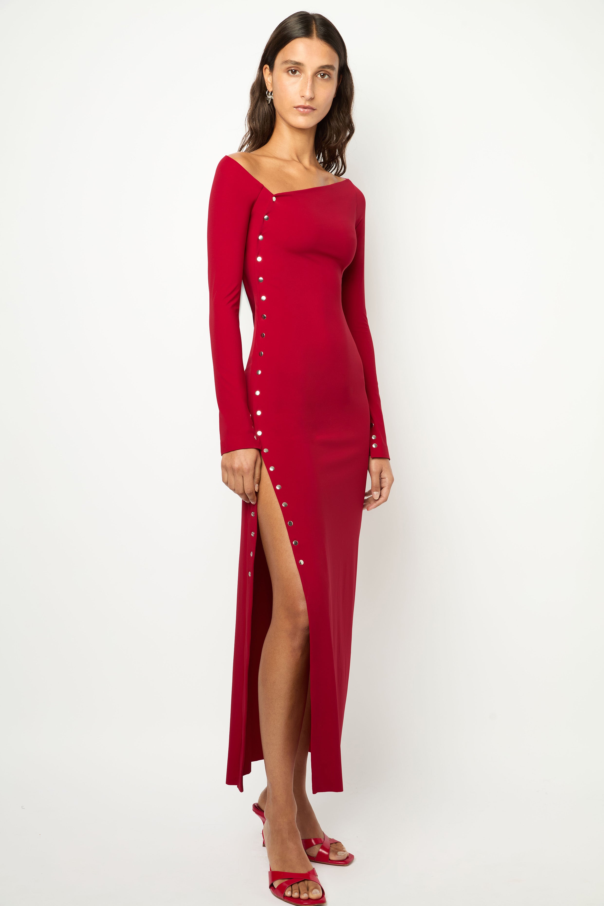 ASYMMETRICAL WRAP LONG DRESS in cherry red – Marcia Wear