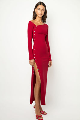 ASYMMETRICAL WRAP LONG DRESS in cherry red