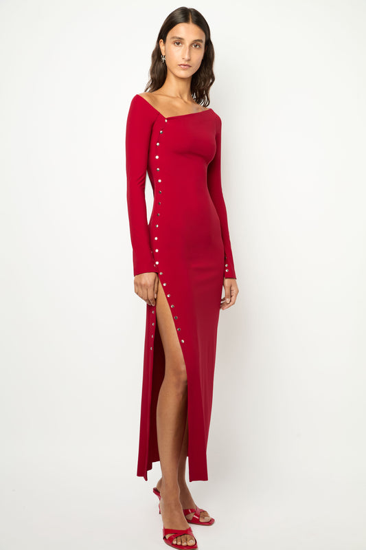 ASYMMETRICAL WRAP LONG DRESS in cherry red