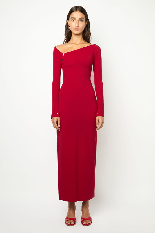 ASYMMETRICAL WRAP LONG DRESS in cherry red