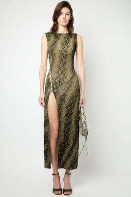 BOUTONS LONG DRESS in green python print