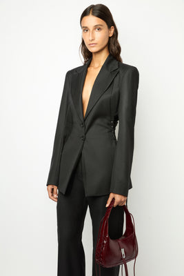 HEARTBREAKER SUIT JACKET in pinstripped black