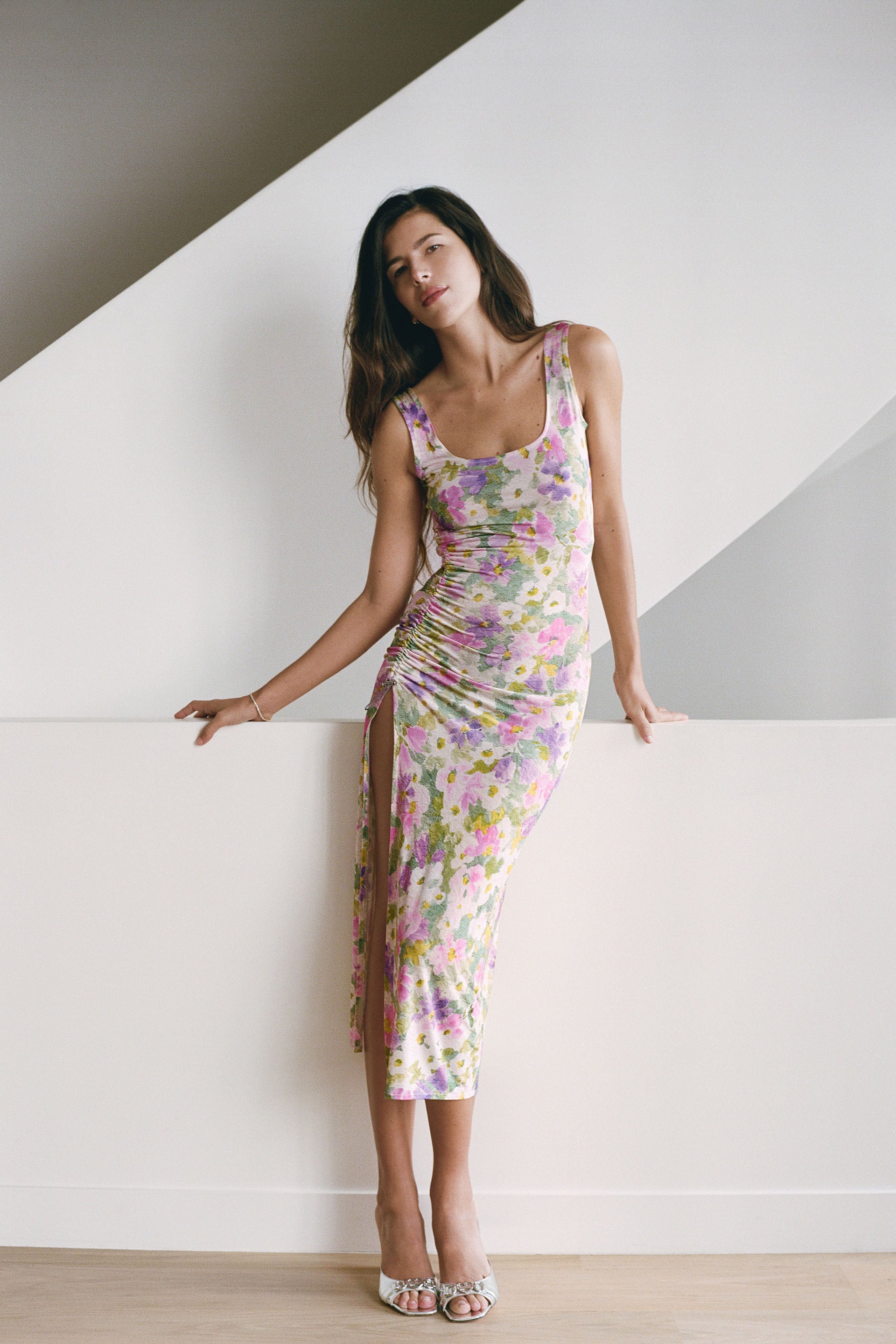 VELVET LONG DRESS in floral print