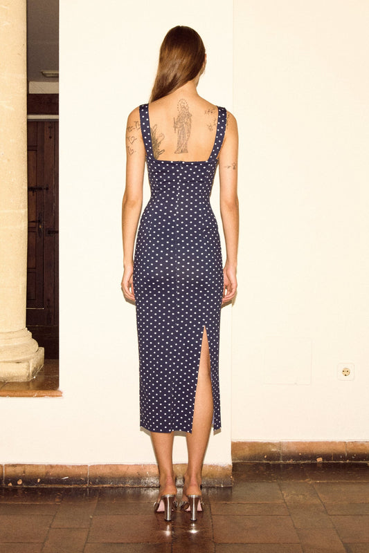 TAROT LONG DRESS in navy and white polka dots print