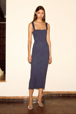 TAROT LONG DRESS in navy and white polka dots print