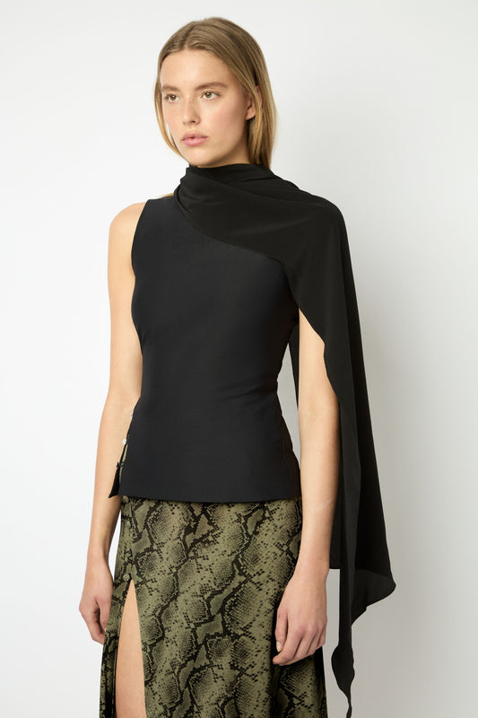BOUTONS TOP WITH ATTACHABLE SCARF in black