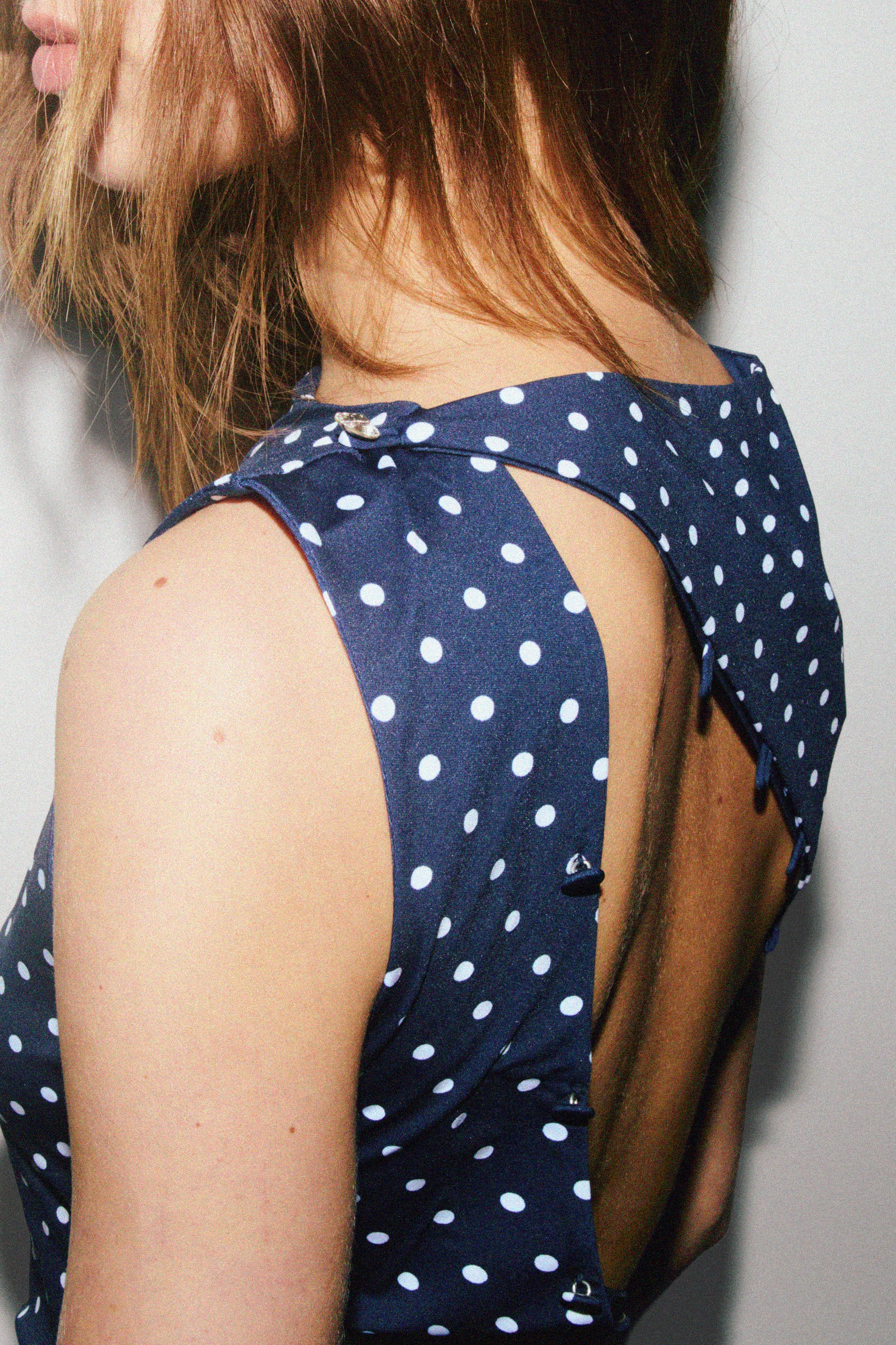 BOUTONS LONG DRESS in blue and white polka dots – Marcia Wear