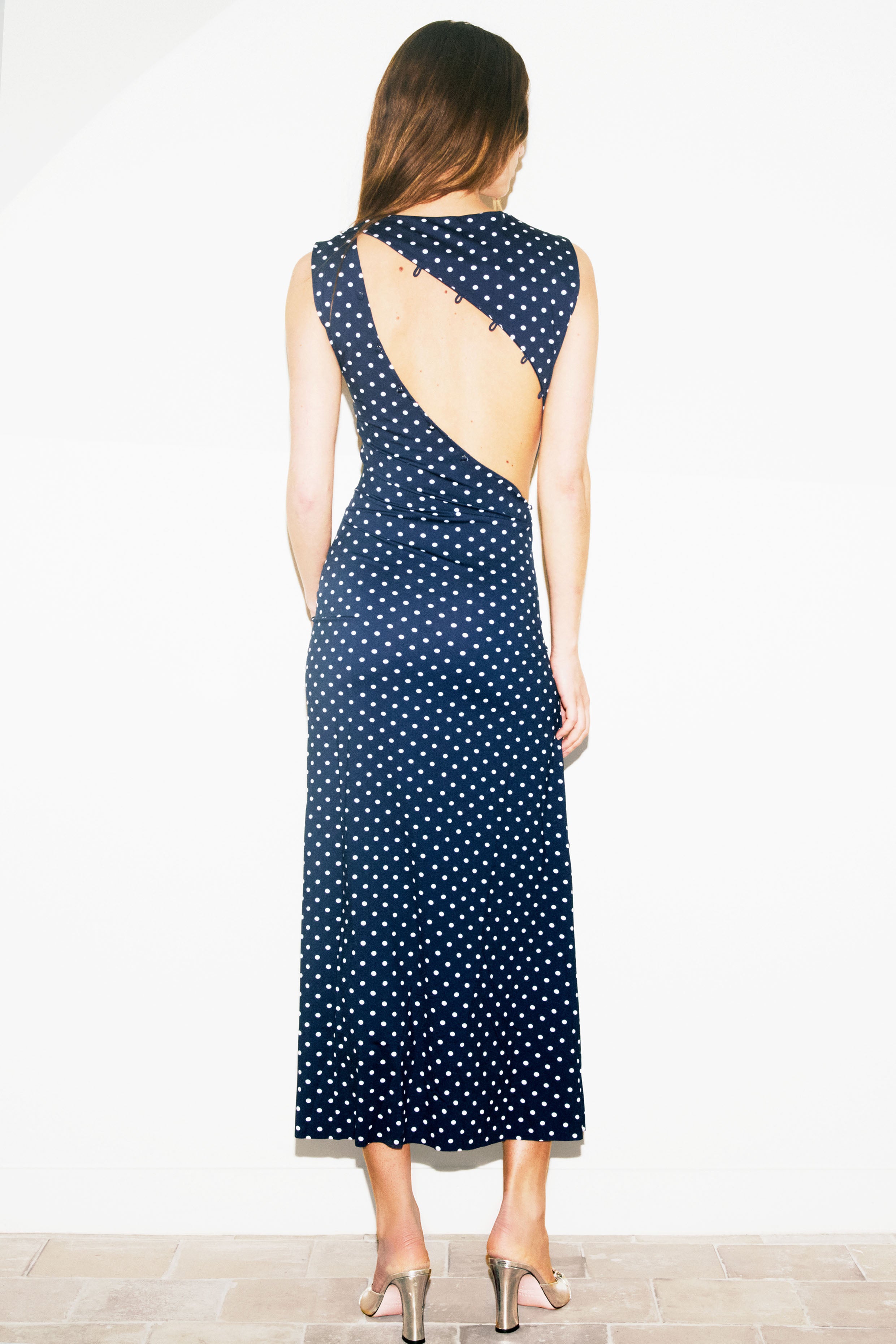 BOUTONS LONG DRESS in blue and white polka dots