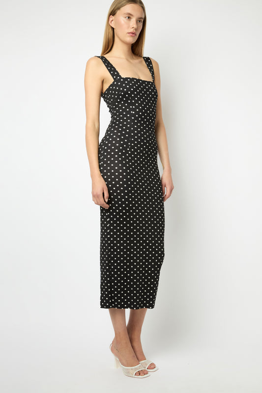 TAROT LONG DRESS in black and white polka dots print