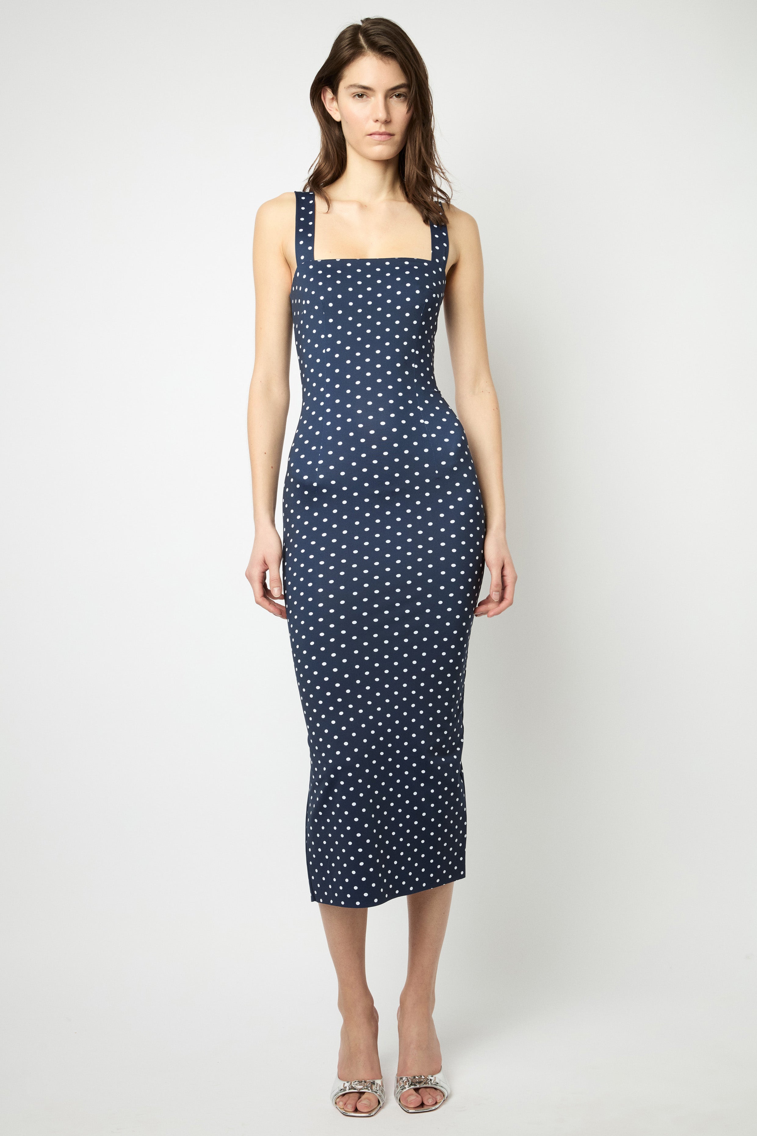 TAROT LONG DRESS in navy and white polka dots print