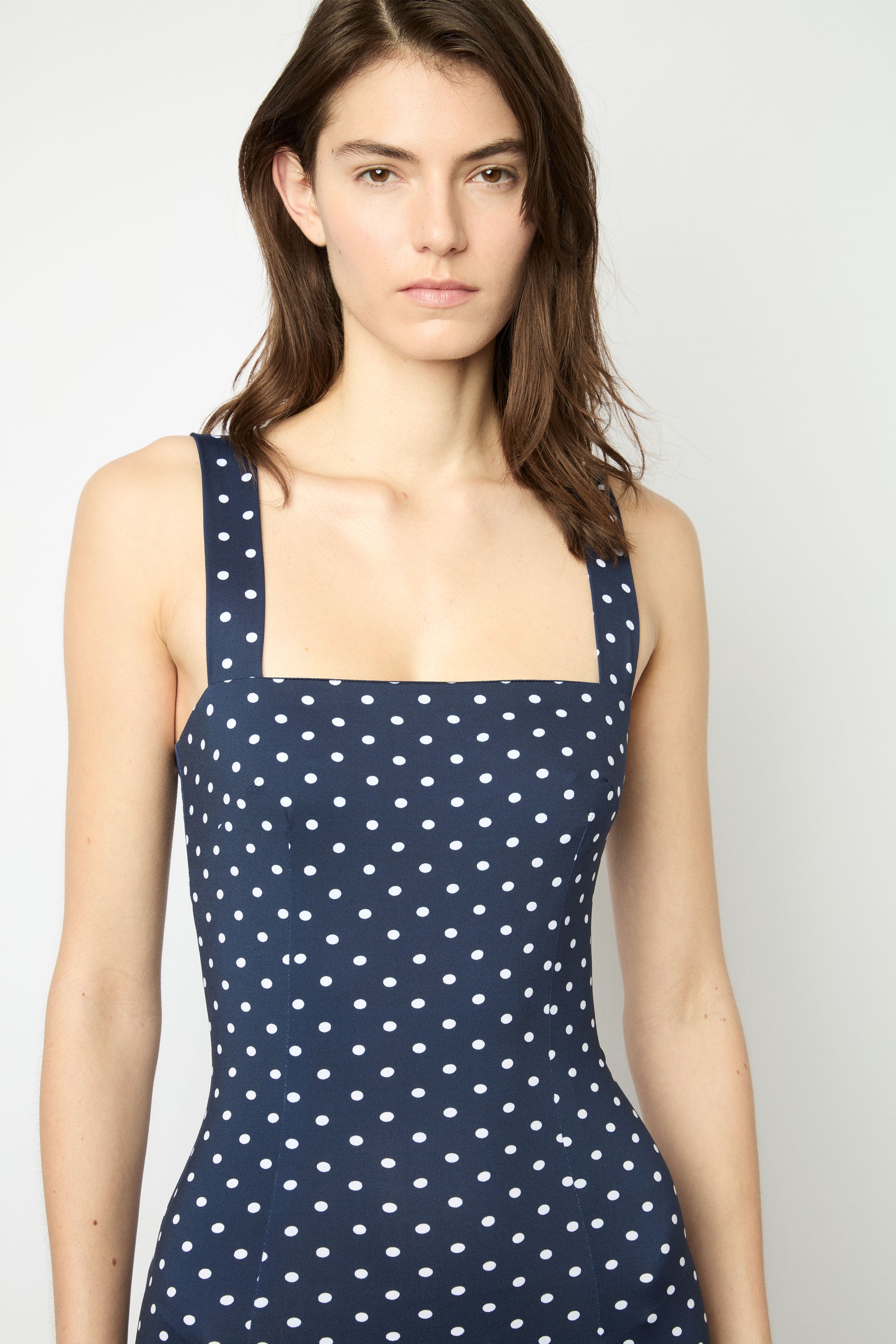 TAROT LONG DRESS in navy and white polka dots print