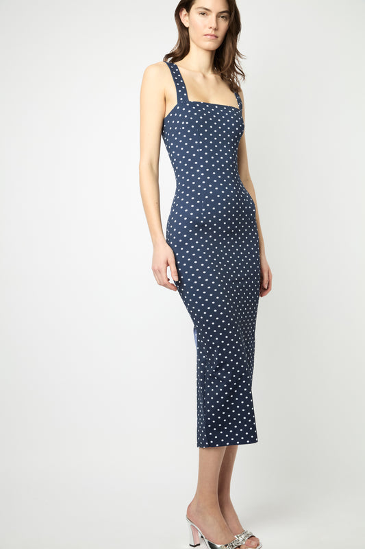 TAROT LONG DRESS in navy and white polka dots print