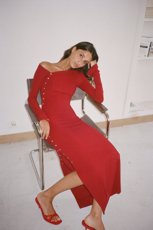 ASYMMETRICAL WRAP LONG DRESS in cherry red