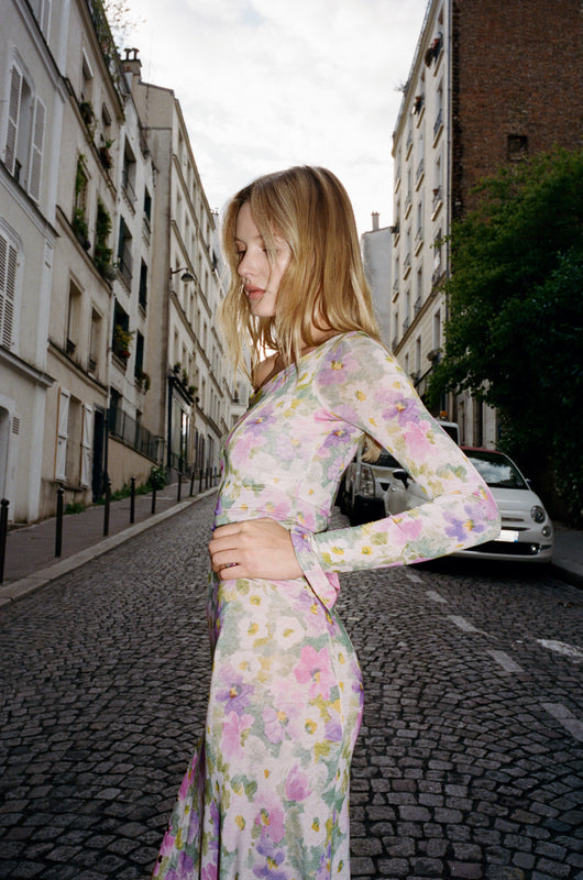 ASYMMETRICAL WRAP LONG DRESS in floral print