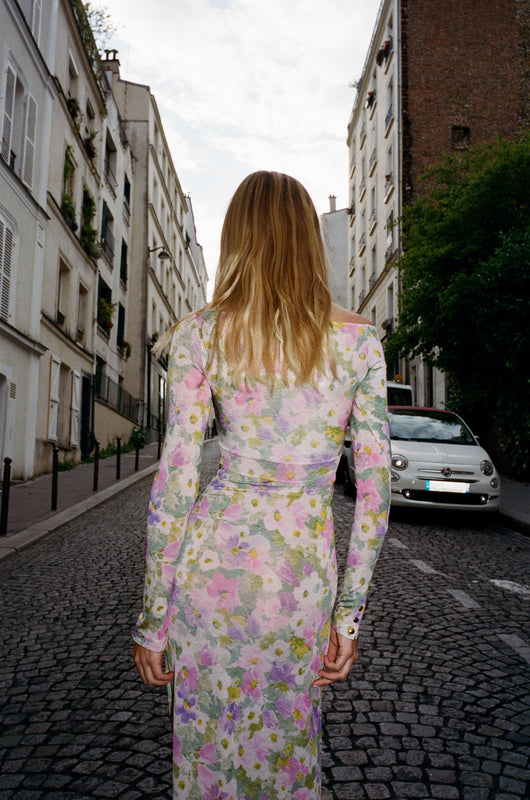 ASYMMETRICAL WRAP LONG DRESS in floral print