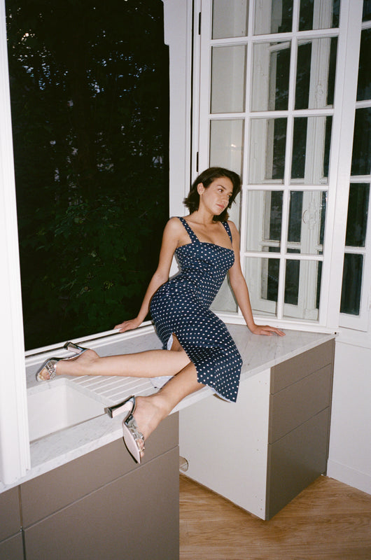 TAROT LONG DRESS in navy and white polka dots print