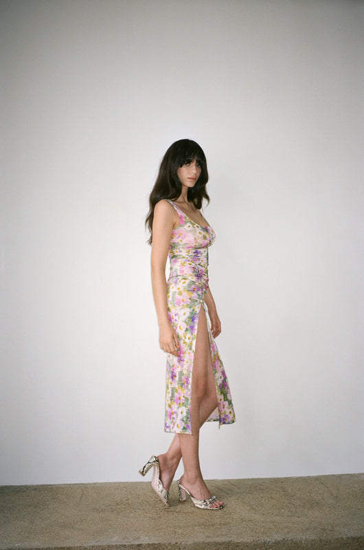 VELVET LONG DRESS in floral print