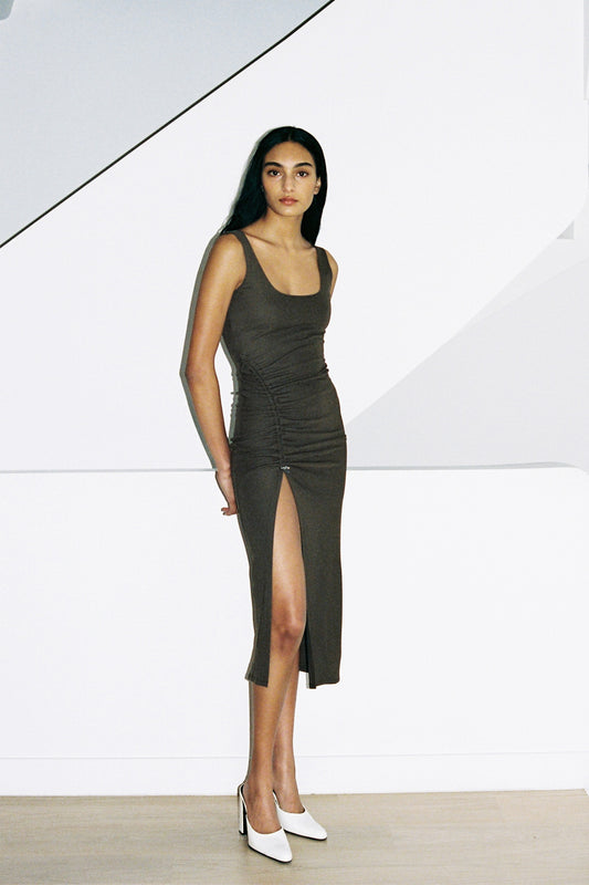 VELVET LONG DRESS in taupe brown