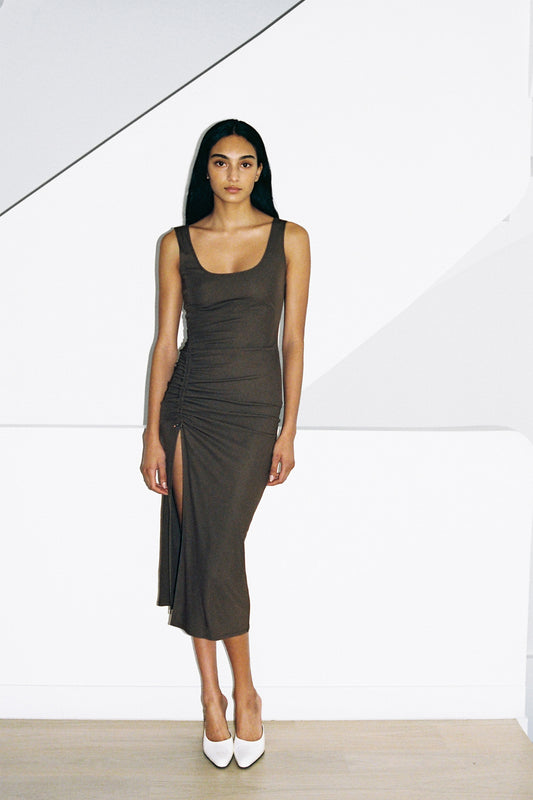 VELVET LONG DRESS in taupe brown